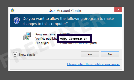 Screenshot where VAIO Corporation appears as the verified publisher in the UAC dialog
